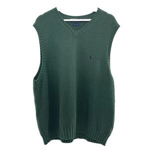 Vintage Polo Ralph Lauren XL Sweater Vest Mens Green V-Neck Pullover Knit Cotton